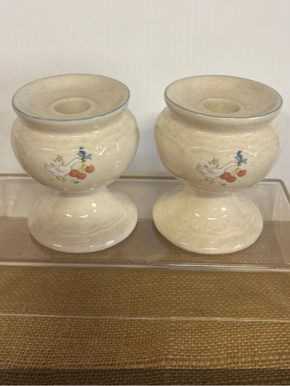 90’s • Set of 2 • Candlestick Holders • Geese Blue Ribbon Fruit Marmalade Design
